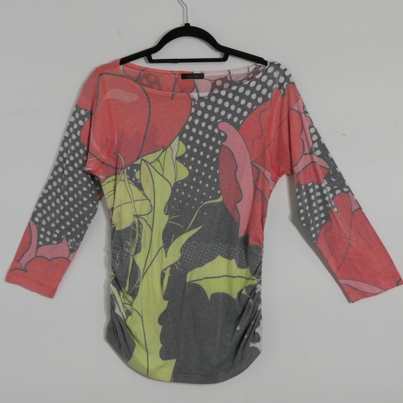 Emily Blu Tops - Emily Blu Womens Top L Pink Grey Floral Polka Dot Ruched Side Whimsigoth Boho